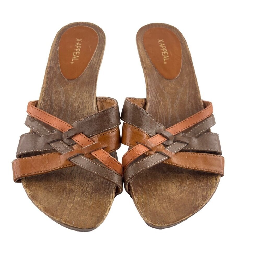 X-Appeal Women’s Wooden Slip‎ On Sandals Brown Scrappy Leather Sage Size 8 y2k